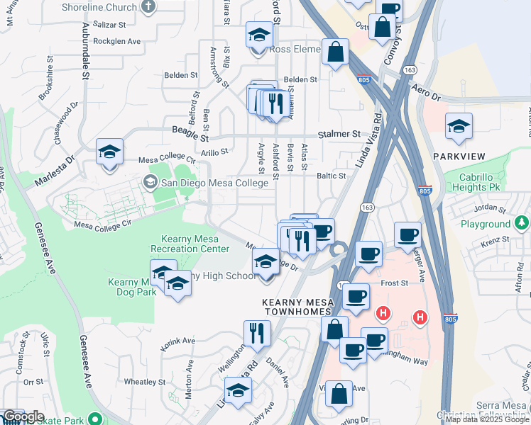 map of restaurants, bars, coffee shops, grocery stores, and more near 3282 Ashford Street in San Diego