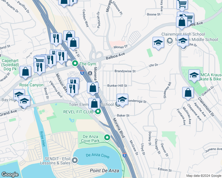 map of restaurants, bars, coffee shops, grocery stores, and more near 3558 Ethan Allen Avenue in San Diego