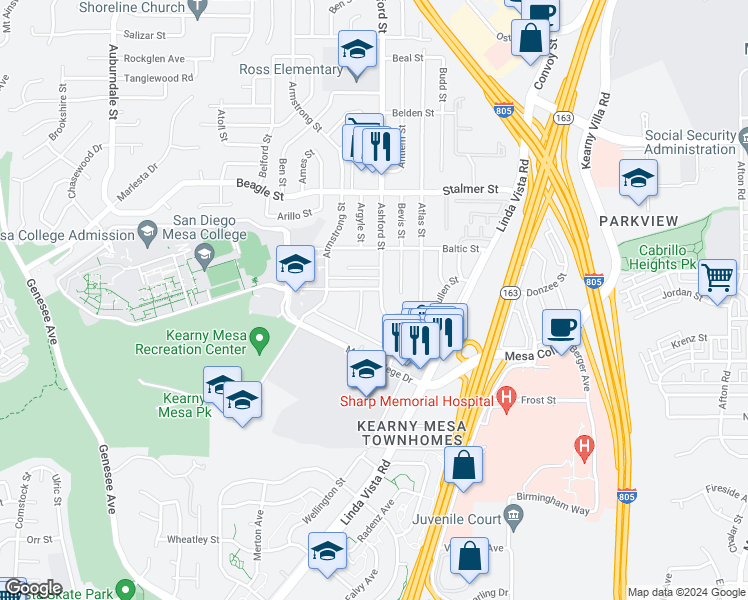 map of restaurants, bars, coffee shops, grocery stores, and more near 3290 Ashford Street in San Diego