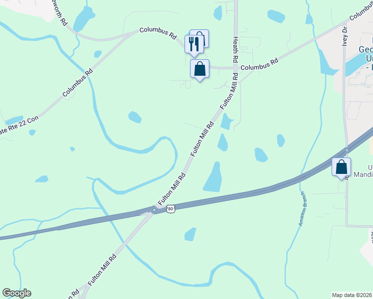 map of restaurants, bars, coffee shops, grocery stores, and more near 3645 Fulton Mill Road in Macon