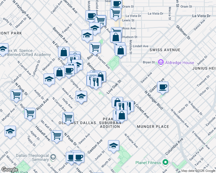 map of restaurants, bars, coffee shops, grocery stores, and more near in Dallas