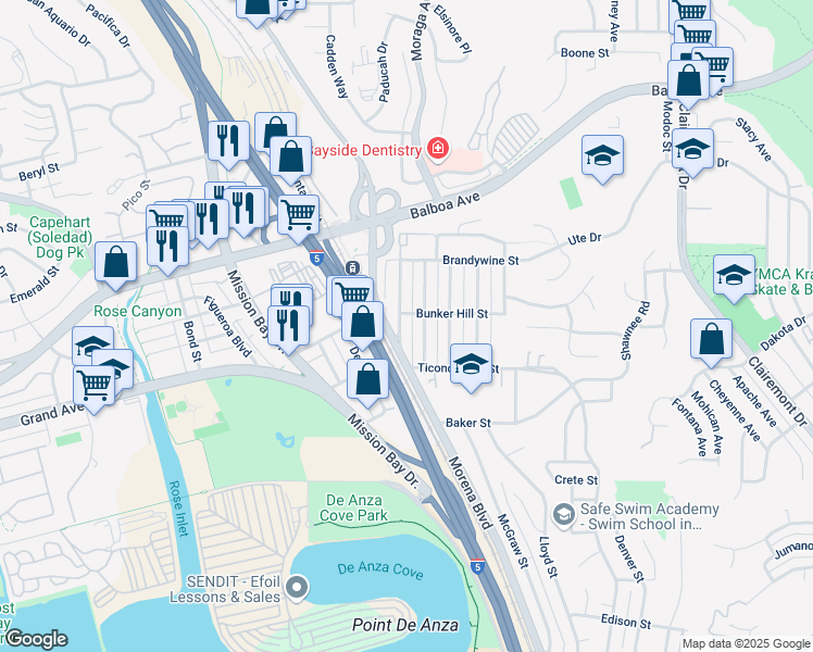 map of restaurants, bars, coffee shops, grocery stores, and more near 3581 Paul Jones Avenue in San Diego