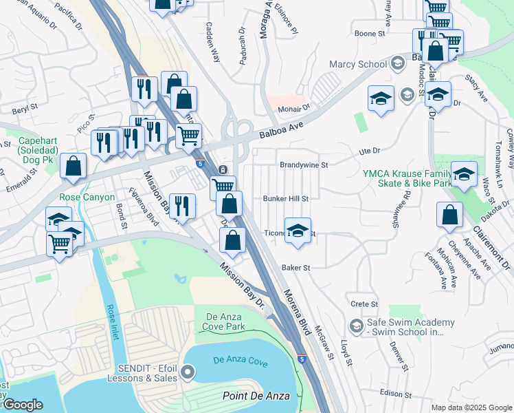 map of restaurants, bars, coffee shops, grocery stores, and more near 3581 Paul Jones Avenue in San Diego
