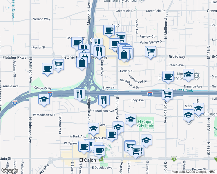 map of restaurants, bars, coffee shops, grocery stores, and more near 260 Lloyd Street in El Cajon