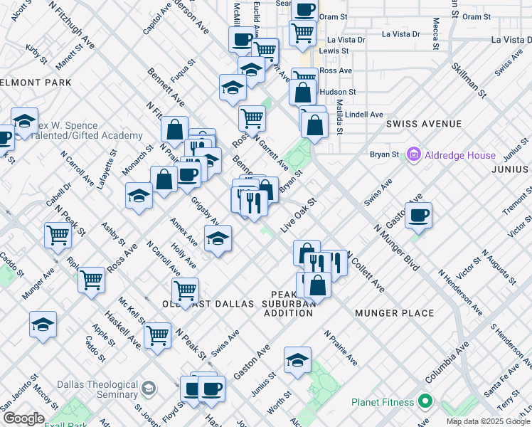 map of restaurants, bars, coffee shops, grocery stores, and more near in Dallas