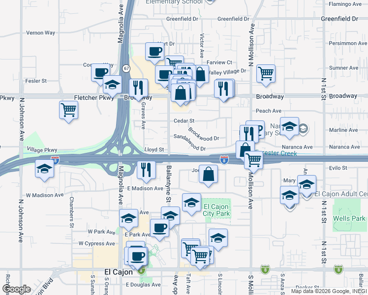 map of restaurants, bars, coffee shops, grocery stores, and more near 616 Oakwood Way in El Cajon