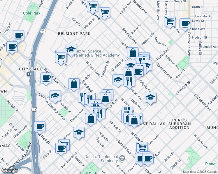 map of restaurants, bars, coffee shops, grocery stores, and more near 4415 Roseland Avenue in Dallas