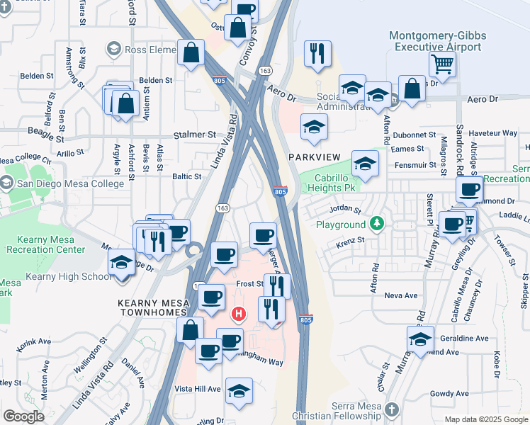 map of restaurants, bars, coffee shops, grocery stores, and more near 3277 Berger Avenue in San Diego