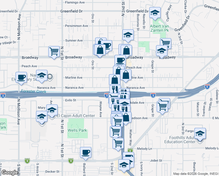 map of restaurants, bars, coffee shops, grocery stores, and more near 690 North 2nd Street in El Cajon