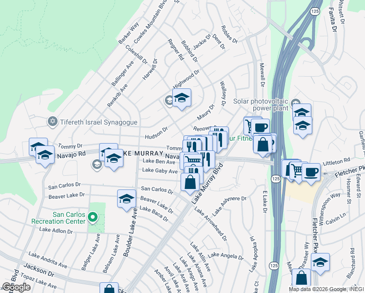 map of restaurants, bars, coffee shops, grocery stores, and more near 8501 Tommy Drive in San Diego