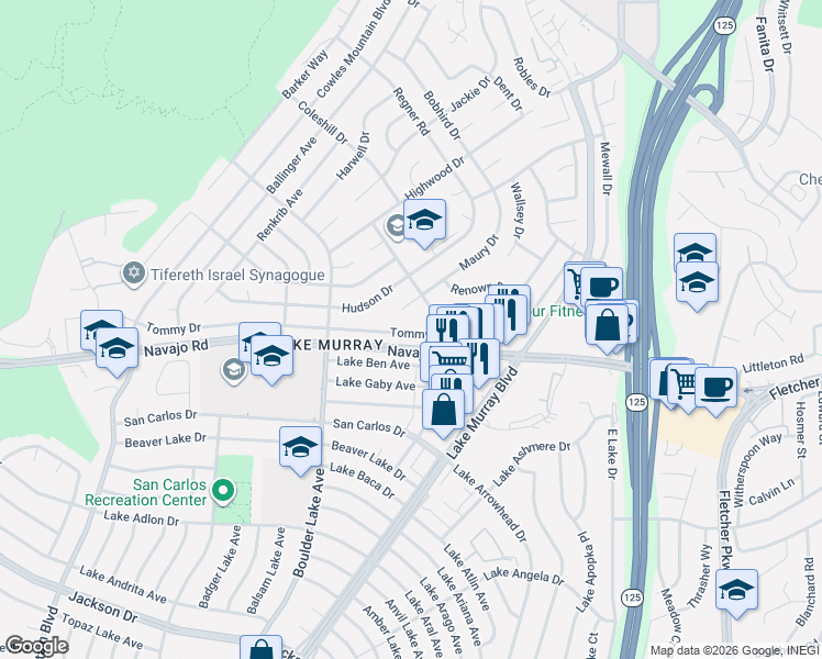 map of restaurants, bars, coffee shops, grocery stores, and more near 8437 Tommy Drive in San Diego
