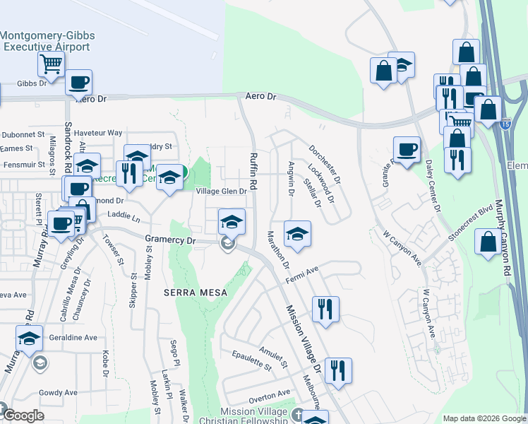 map of restaurants, bars, coffee shops, grocery stores, and more near 9352 Angwin Place in San Diego