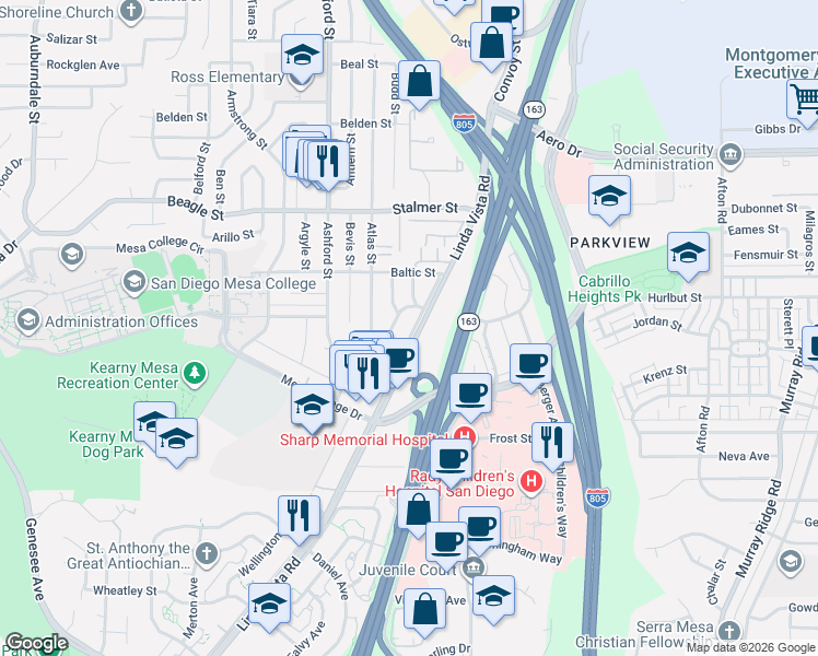map of restaurants, bars, coffee shops, grocery stores, and more near 7635 Cullen Street in San Diego