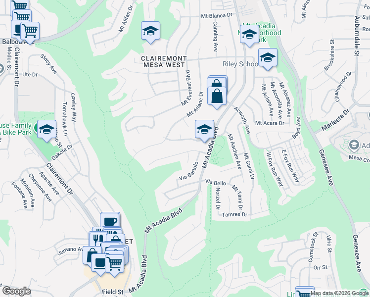 map of restaurants, bars, coffee shops, grocery stores, and more near 3391 Via Benito in San Diego