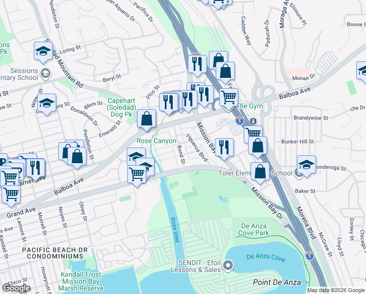 map of restaurants, bars, coffee shops, grocery stores, and more near 4450 Bond Street in San Diego