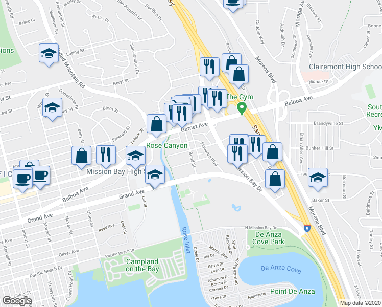 map of restaurants, bars, coffee shops, grocery stores, and more near 4450 Bond Street in San Diego