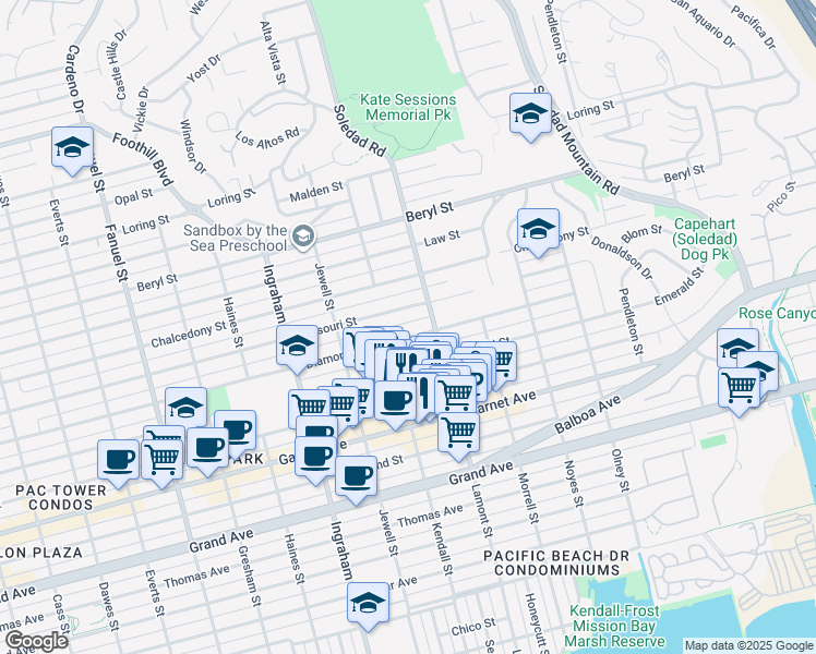 map of restaurants, bars, coffee shops, grocery stores, and more near in San Diego