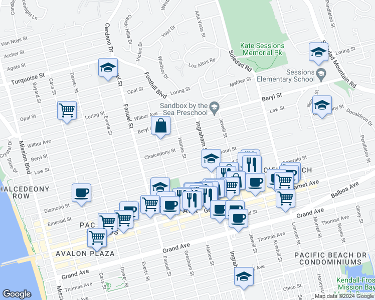 map of restaurants, bars, coffee shops, grocery stores, and more near 1536 Missouri Street in San Diego