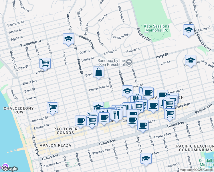 map of restaurants, bars, coffee shops, grocery stores, and more near 1463 Chalcedony Street in San Diego