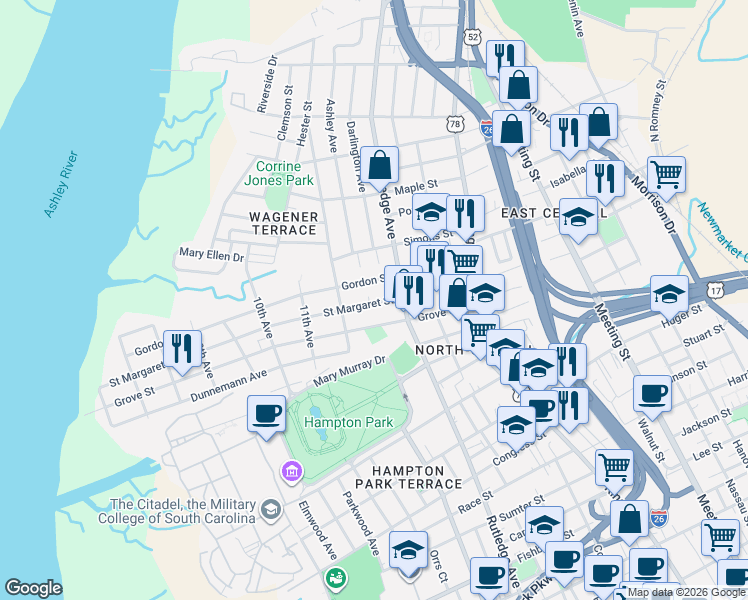map of restaurants, bars, coffee shops, grocery stores, and more near 5 Saint Margaret Street in Charleston
