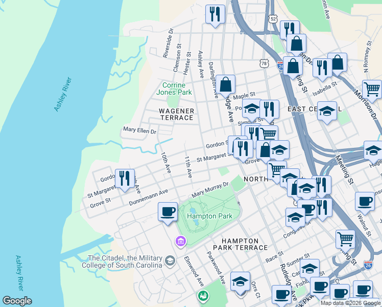 map of restaurants, bars, coffee shops, grocery stores, and more near 74 Saint Margaret Street in Charleston