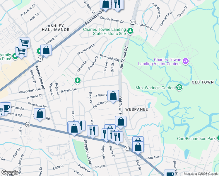 map of restaurants, bars, coffee shops, grocery stores, and more near 1218 Gilmore Road in Charleston