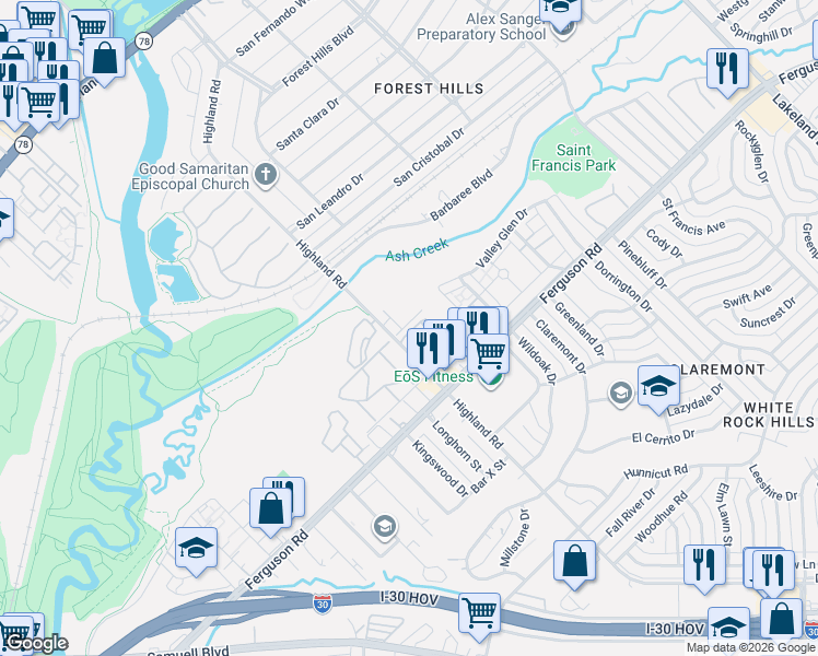 map of restaurants, bars, coffee shops, grocery stores, and more near 2121 Highland Road in Dallas