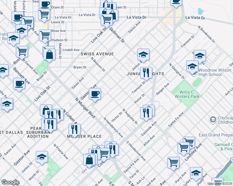 map of restaurants, bars, coffee shops, grocery stores, and more near 5518 Worth Street in Dallas