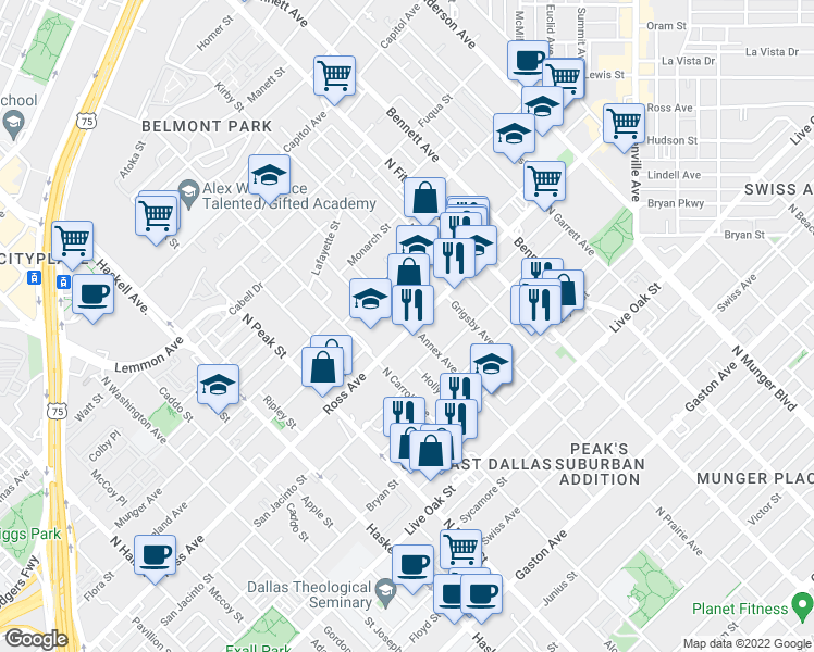 map of restaurants, bars, coffee shops, grocery stores, and more near 1600 Annex Avenue in Dallas