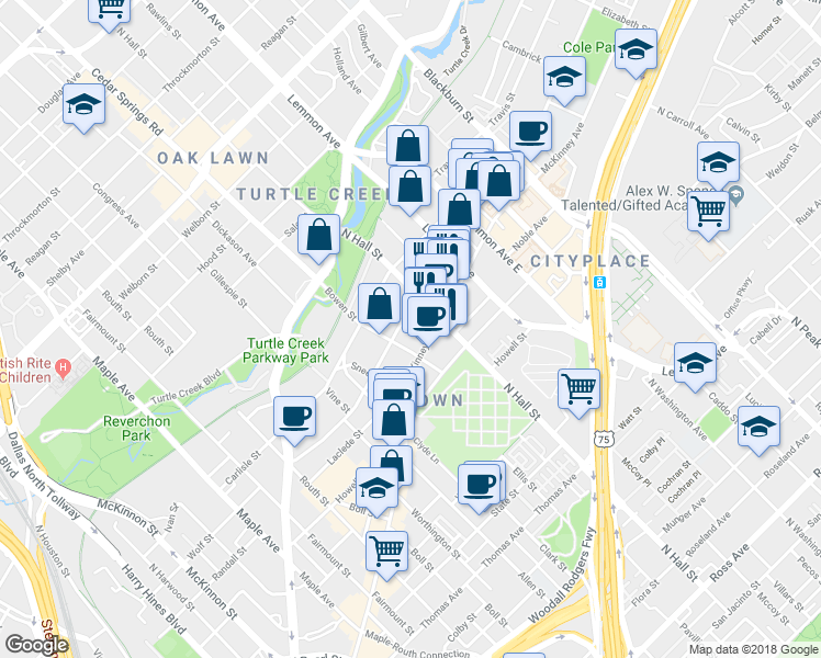 map of restaurants, bars, coffee shops, grocery stores, and more near in Dallas