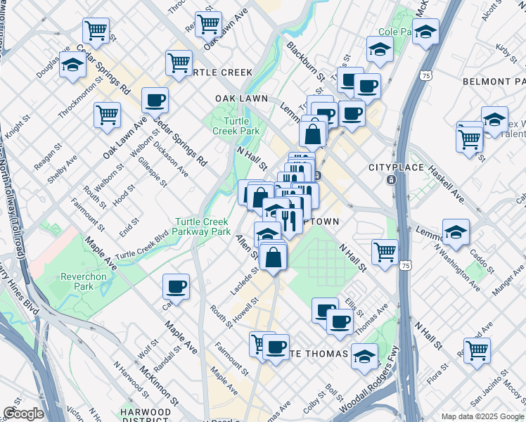 map of restaurants, bars, coffee shops, grocery stores, and more near in Dallas