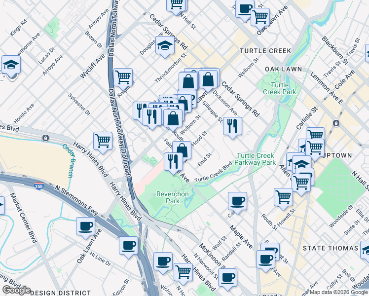 map of restaurants, bars, coffee shops, grocery stores, and more near 3534 Fairmount Street in Dallas