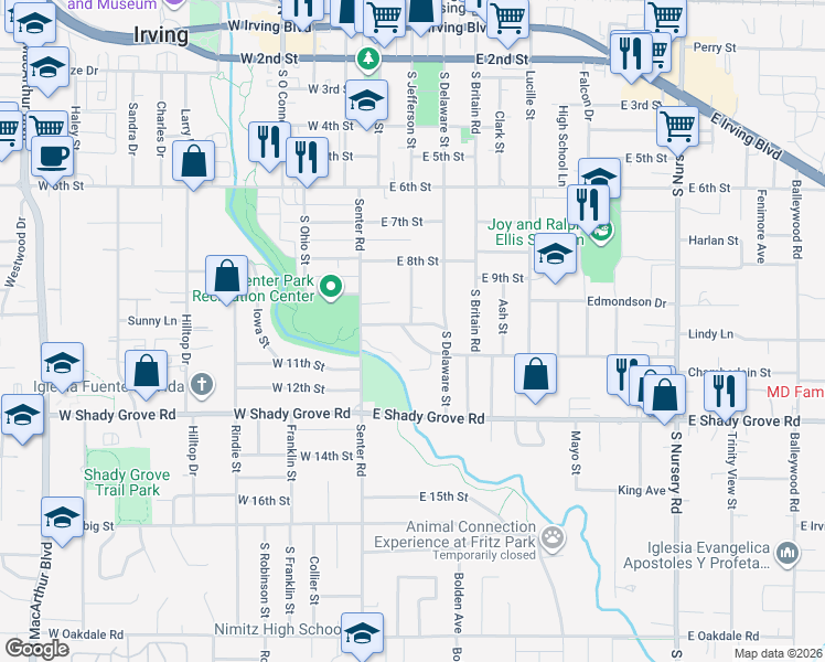 map of restaurants, bars, coffee shops, grocery stores, and more near 214 Chamberlain Street in Irving