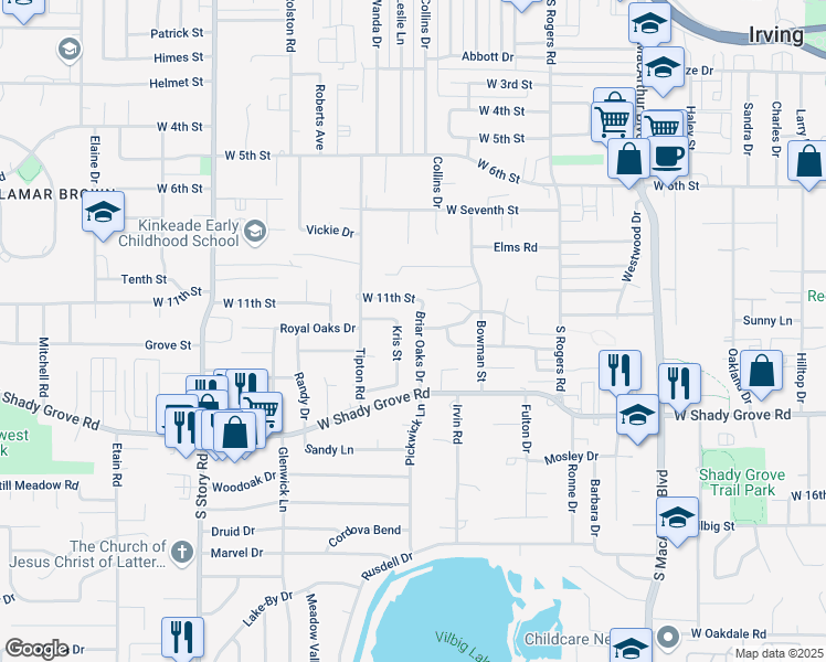 map of restaurants, bars, coffee shops, grocery stores, and more near 1120 Kris Street in Irving