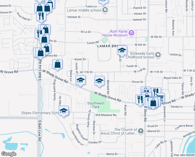 map of restaurants, bars, coffee shops, grocery stores, and more near 1101 Hickory Street in Irving