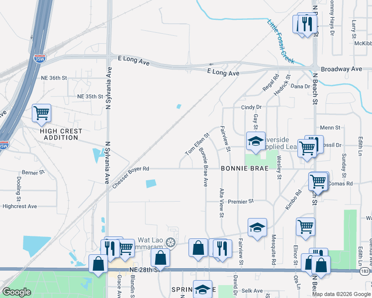 map of restaurants, bars, coffee shops, grocery stores, and more near 3221 Tom Ellen Street in Fort Worth