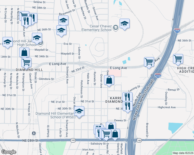 map of restaurants, bars, coffee shops, grocery stores, and more near 3262 Runnels Street in Fort Worth