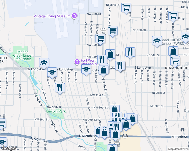 map of restaurants, bars, coffee shops, grocery stores, and more near 3207 Ellis Avenue in Fort Worth