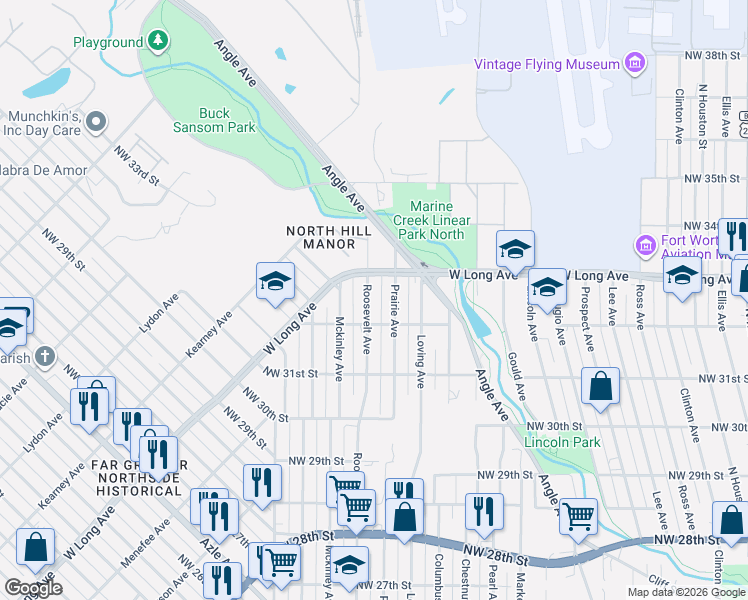 map of restaurants, bars, coffee shops, grocery stores, and more near 3205 Roosevelt Avenue in Fort Worth