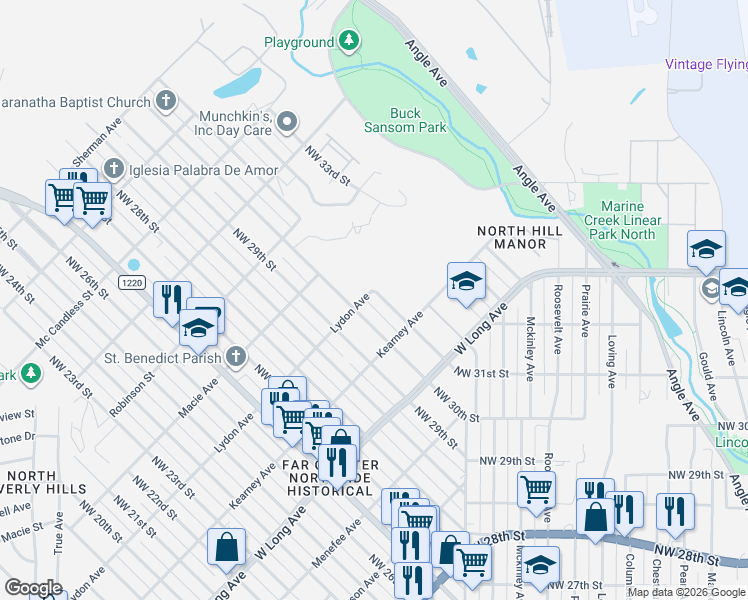 map of restaurants, bars, coffee shops, grocery stores, and more near 2815 Northwest 31st Street in Fort Worth