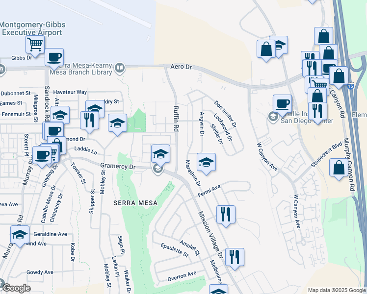 map of restaurants, bars, coffee shops, grocery stores, and more near 9352 Angwin Place in San Diego