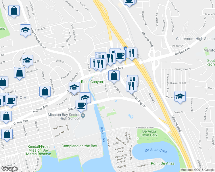 map of restaurants, bars, coffee shops, grocery stores, and more near 4475 Bond Street in San Diego