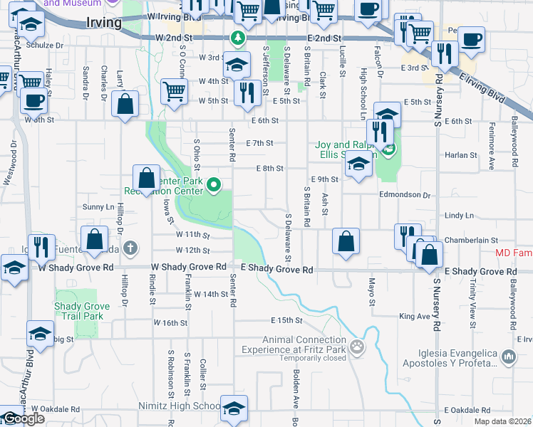 map of restaurants, bars, coffee shops, grocery stores, and more near 214 Chamberlain Street in Irving