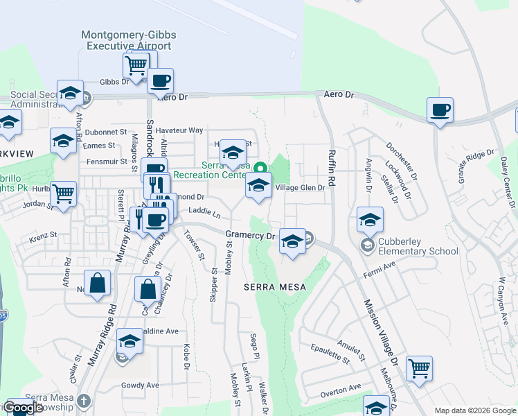 map of restaurants, bars, coffee shops, grocery stores, and more near 8986 Laddie Lane in San Diego