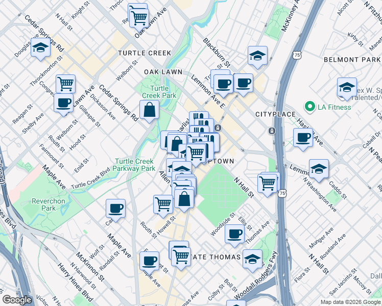 map of restaurants, bars, coffee shops, grocery stores, and more near 3208 Cole Avenue in Dallas