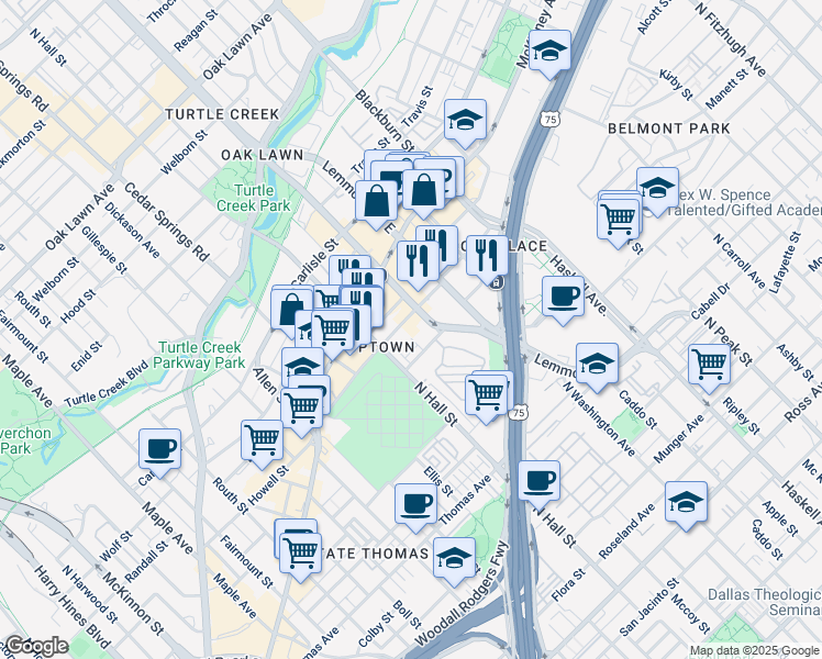 map of restaurants, bars, coffee shops, grocery stores, and more near 3433 Howell Street in Dallas