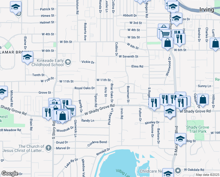 map of restaurants, bars, coffee shops, grocery stores, and more near 1120 Kris Street in Irving