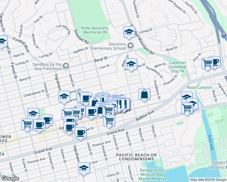 map of restaurants, bars, coffee shops, grocery stores, and more near 2004 Emerald Street in San Diego