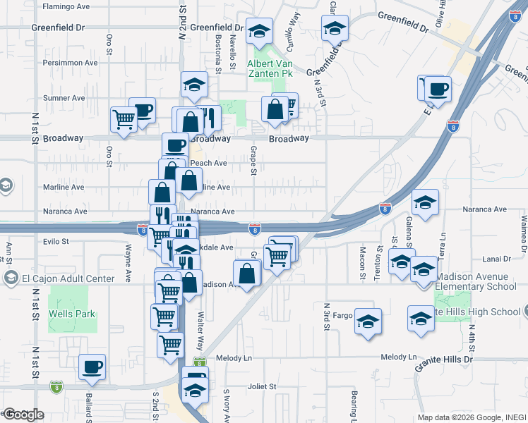 map of restaurants, bars, coffee shops, grocery stores, and more near 681 Grape Street in El Cajon