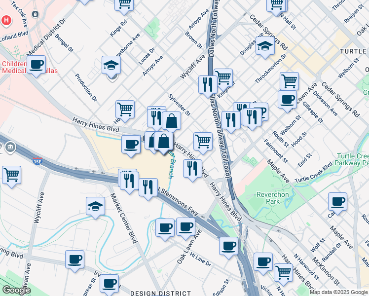 map of restaurants, bars, coffee shops, grocery stores, and more near 4114 Harry Hines Boulevard in Dallas